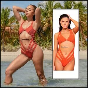 Despi Textured Burnt Orange Halter Underwire One Piece SZ L $198